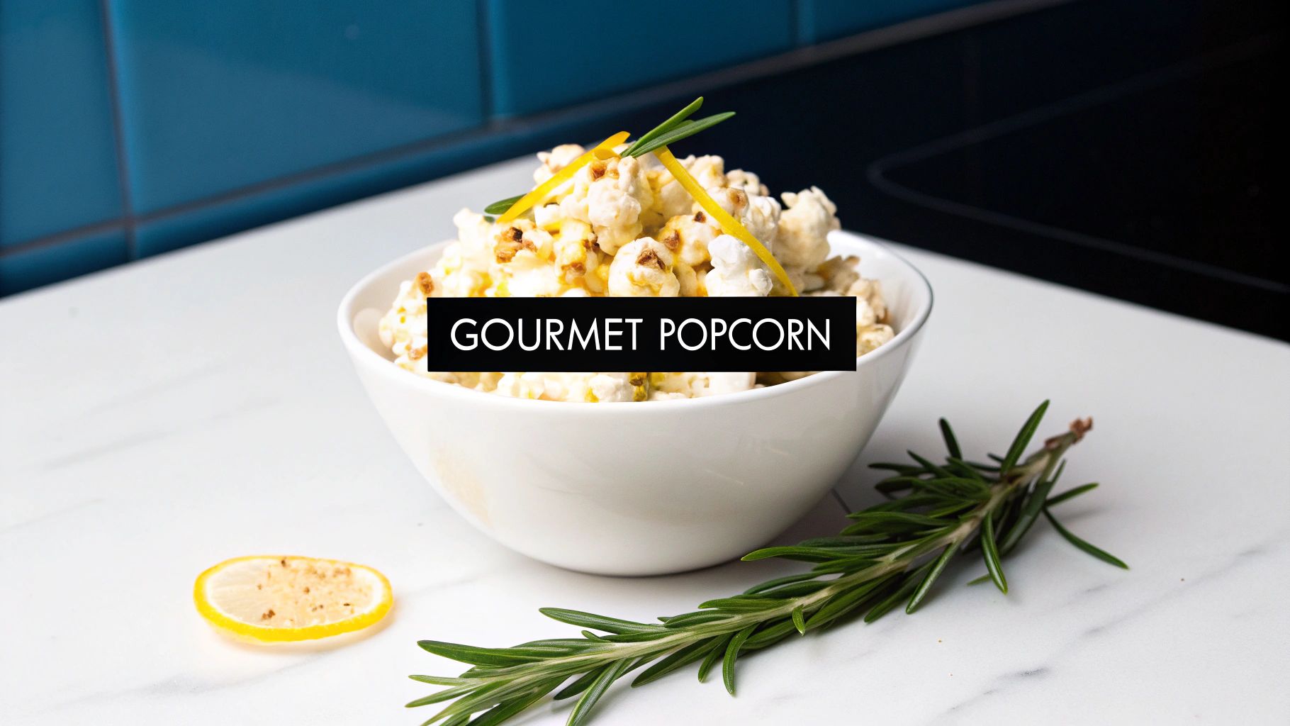 A white bowl of gourmet popcorn garnished with lemon zest and rosemary, next to fresh rosemary and a lemon slice.