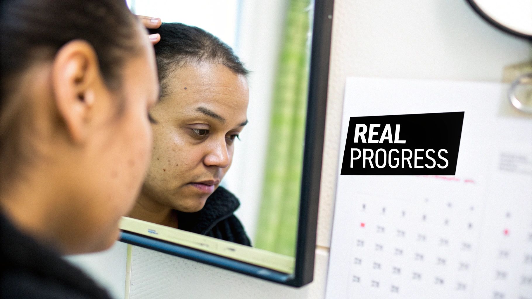 A person looks intently at their reflection in a mirror, checking their scalp and hair, with 'REAL PROGRESS' text nearby.