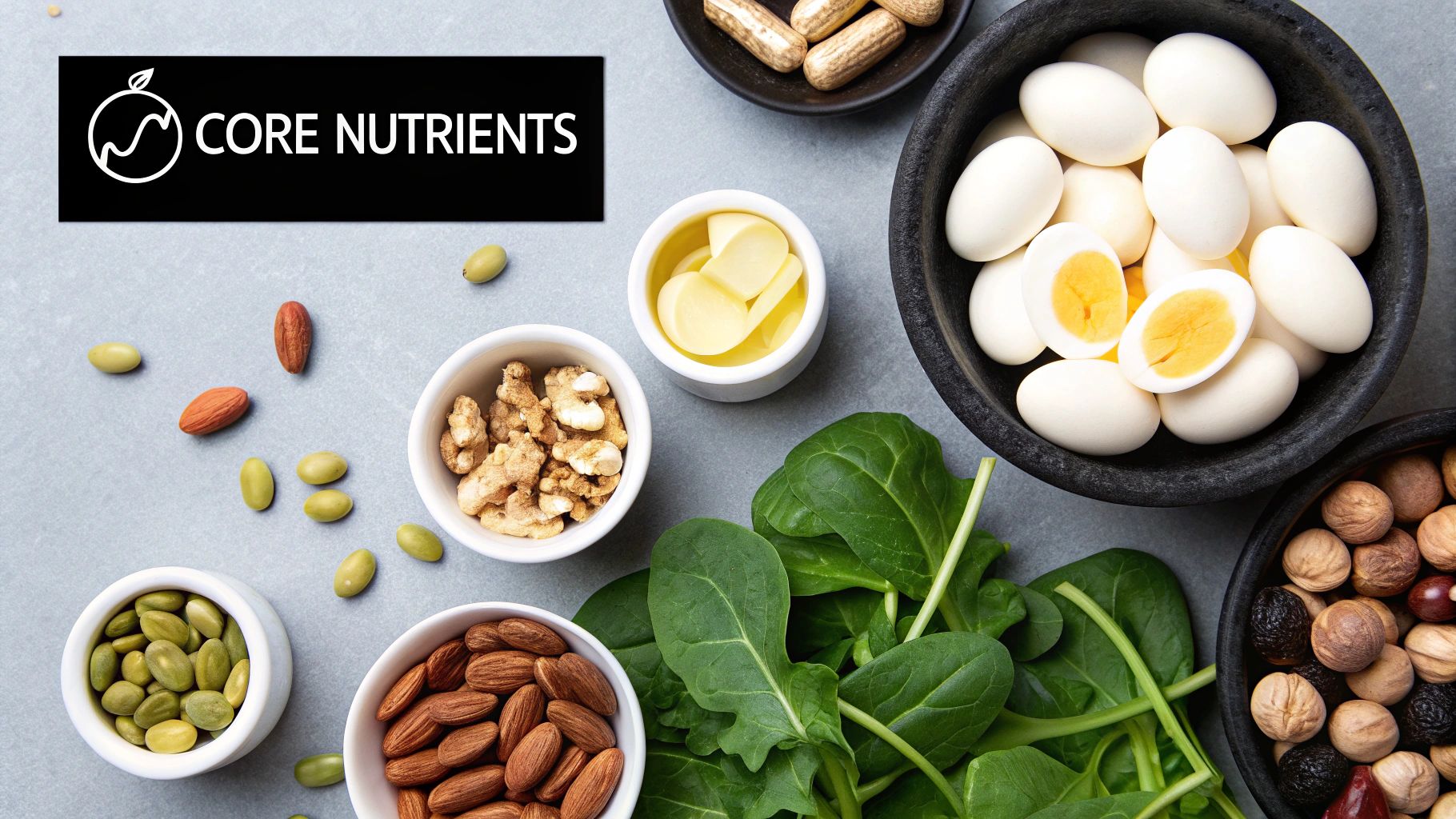 A collection of vitamins and supplements with fresh fruits and vegetables.