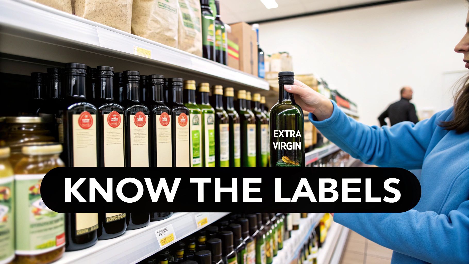 A person in a supermarket aisle picking an extra virgin olive oil bottle from a shelf, with 'KNOW THE LABELS' text overlay.
