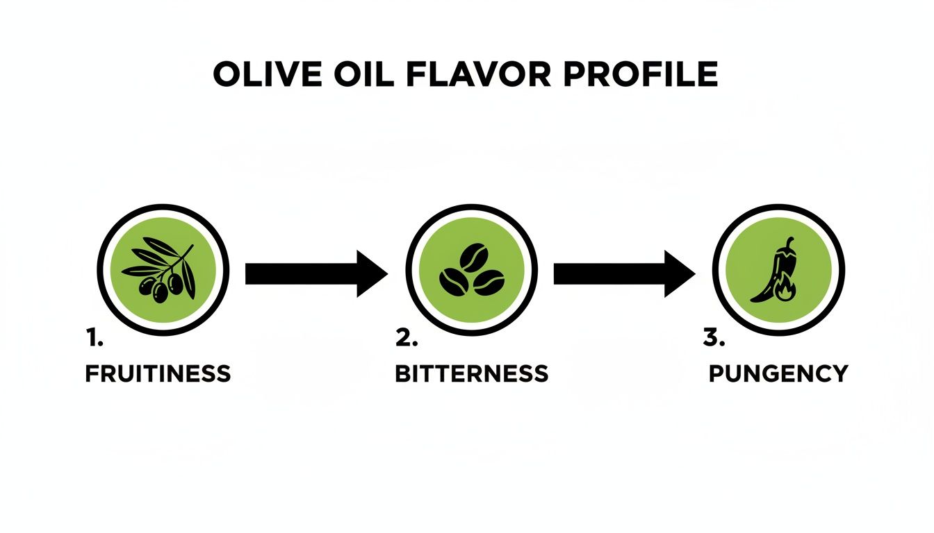 A diagram illustrating the three main flavor profiles of olive oil: fruitiness, bitterness, and pungency.