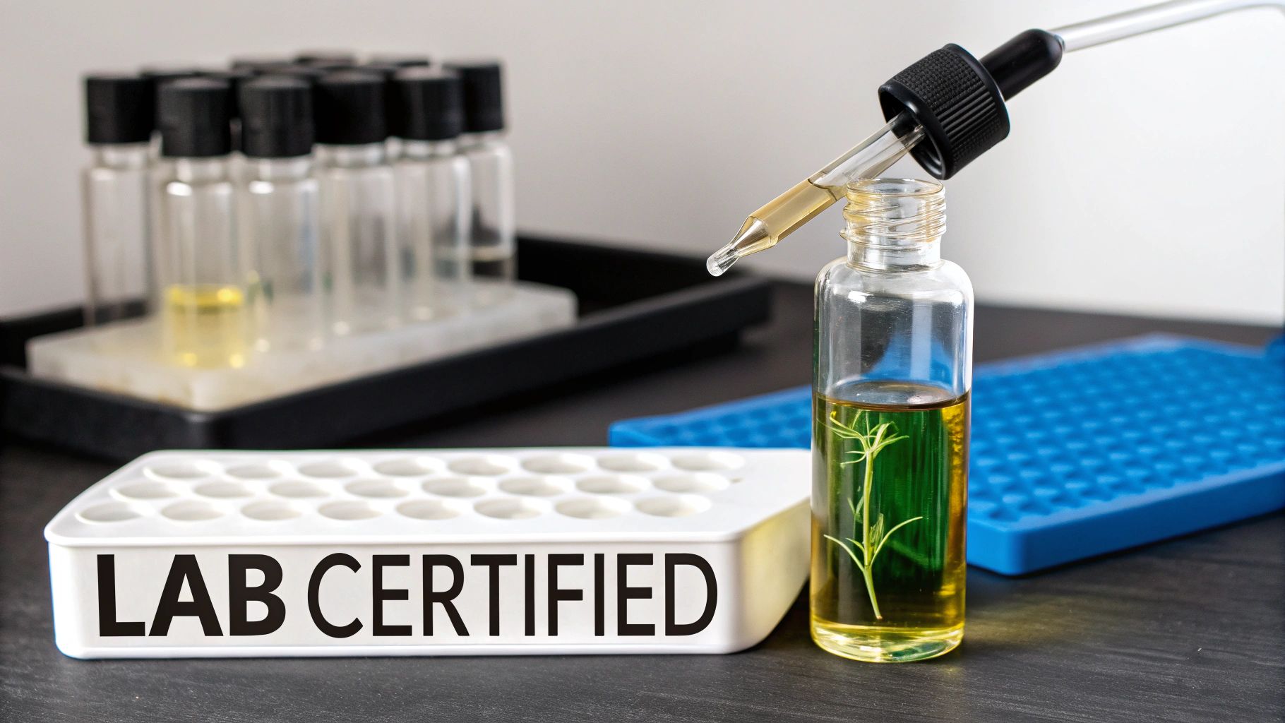 A lab-certified scene with a dropper dispensing liquid into a bottle of plant extract and vials.