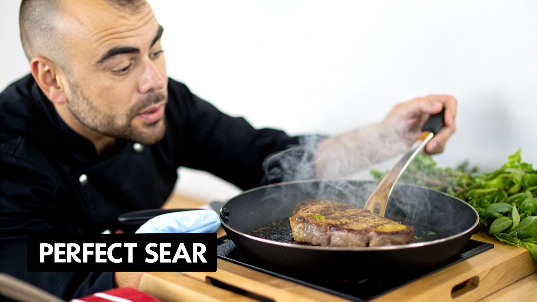 Vegetables being stir-fried in a hot pan with olive oil.