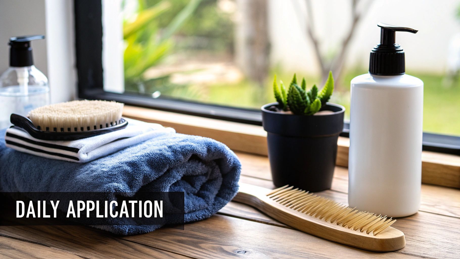 Self-care items including towels, brushes, lotion bottles, and a plant on a wooden surface by a window.