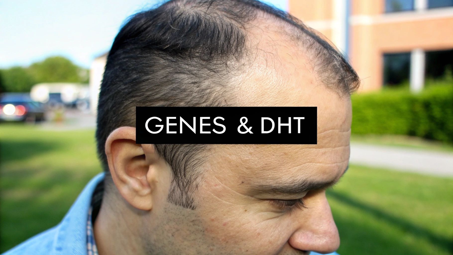 Close-up of a man's hair with a focus on the hairline and scalp.