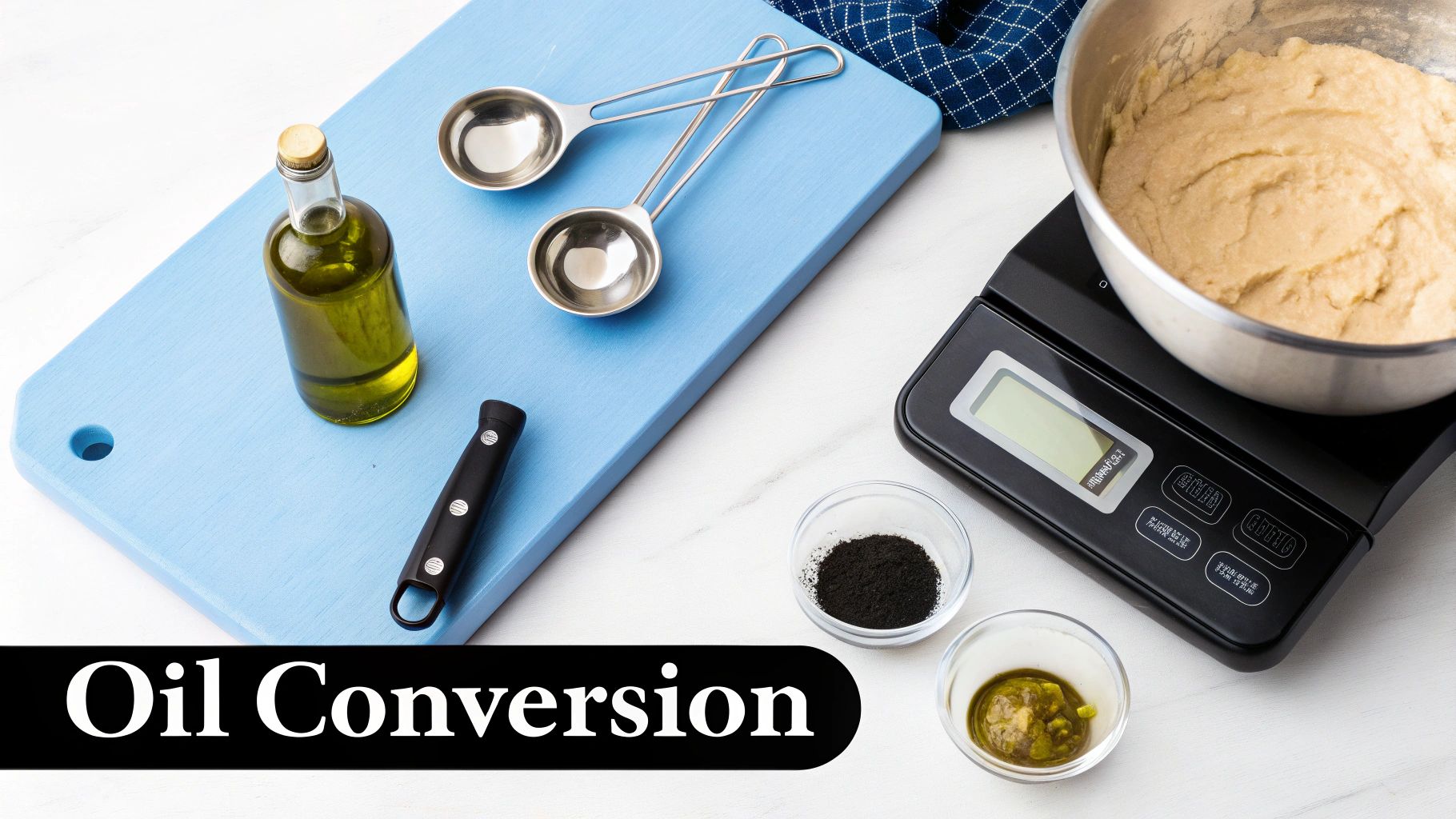 A kitchen counter with olive oil, measuring spoons, a scale with batter, and small bowls of ingredients, with "Oil Conversion" text overlay.
