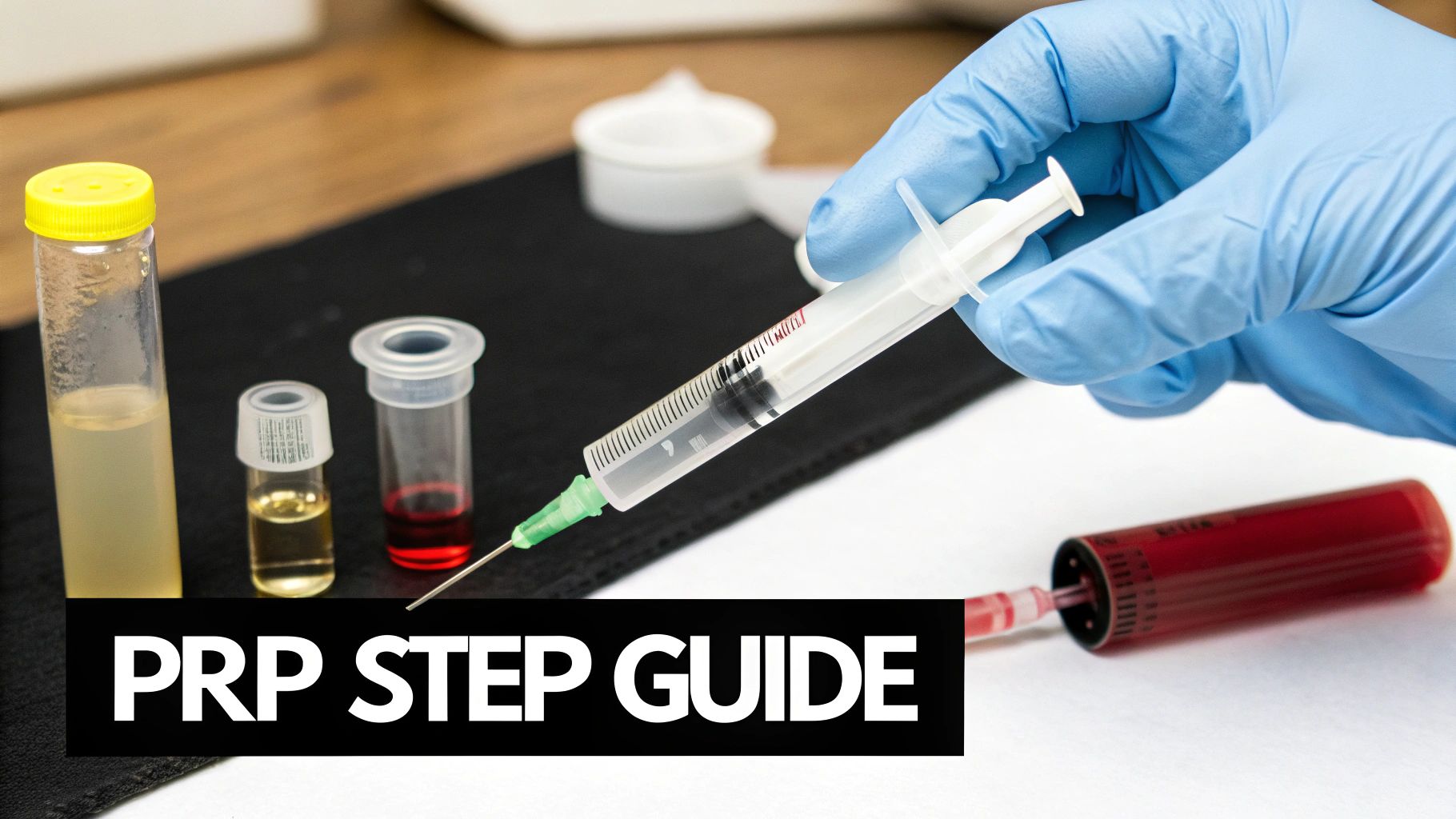 Gloved hand holding a syringe, preparing blood samples in test tubes for PRP treatment.