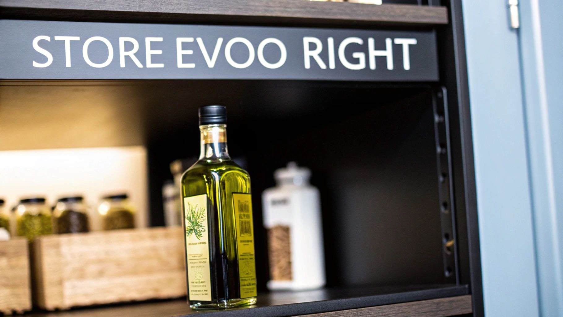 A bottle of extra virgin olive oil displayed on a shelf with a sign above it that reads 'STORE EVOO RIGHT'.