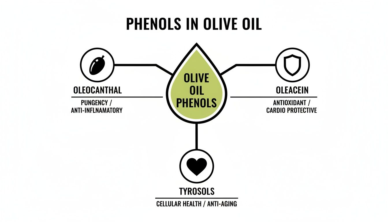 Infographic illustrating the benefits of olive oil phenols, including oleocanthal, oleacein, and tyrosols.