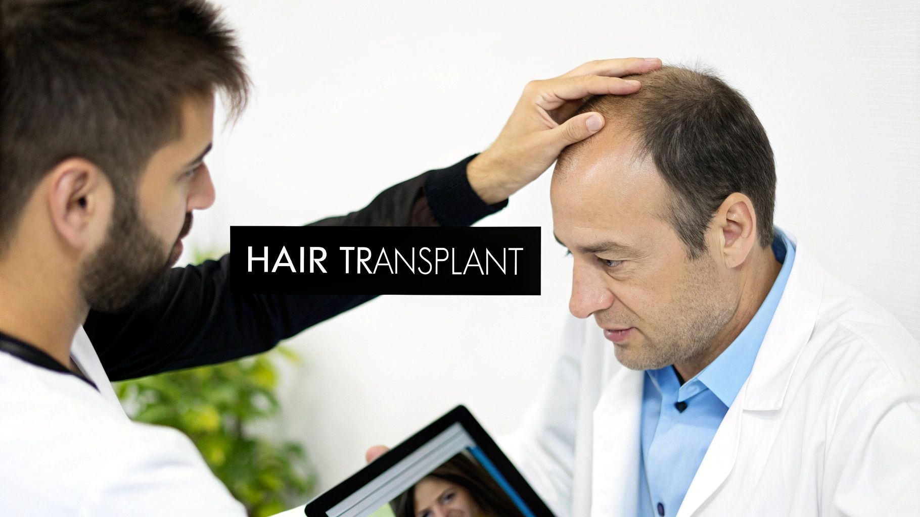 Surgeon performing a hair transplant procedure on a patient's hairline