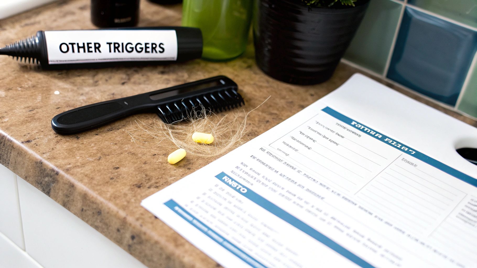 A comb with loose hair, two yellow pills, and a tube labeled 'OTHER TRIGGERS' on a bathroom counter.
