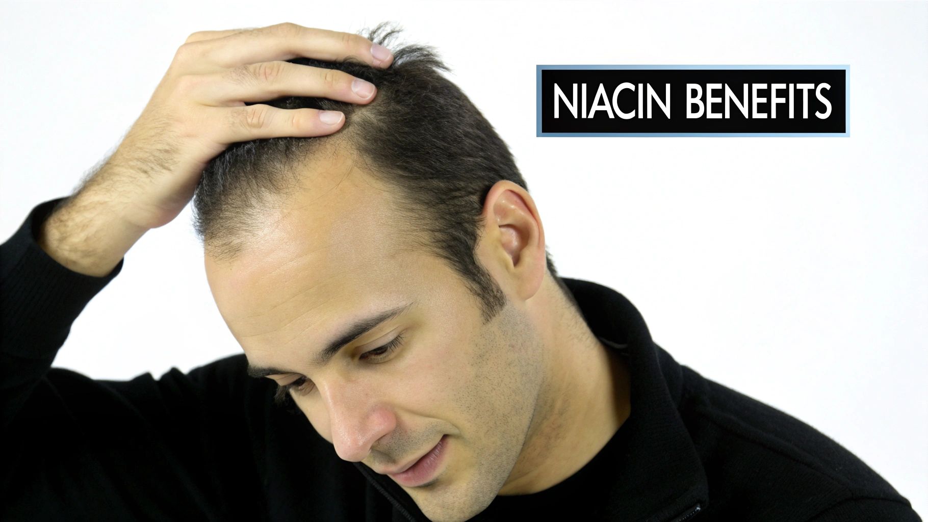 A man with visible hair thinning touches his head, with 'NIACIN BENEFITS' text overlay.
