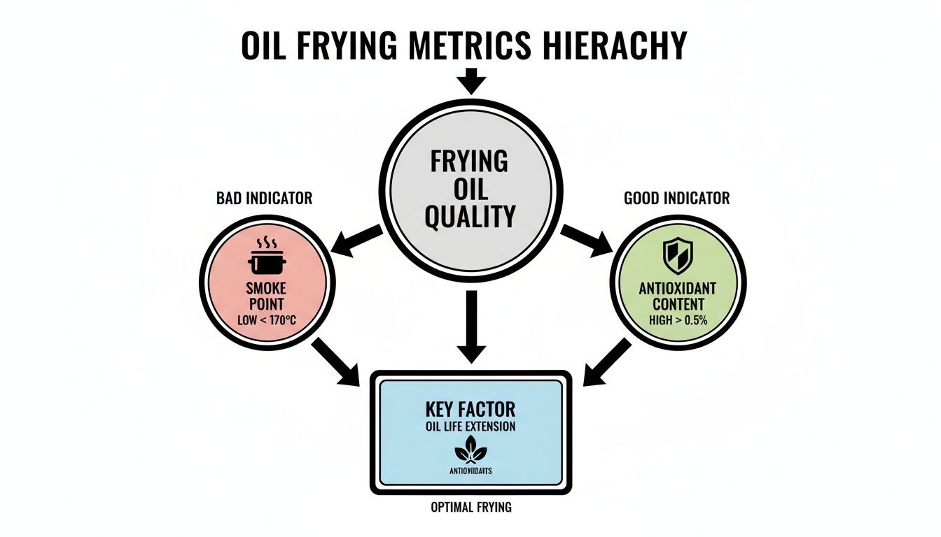Infographic illustrating oil frying quality metrics, including smoke point, antioxidant content, and oil life extension.