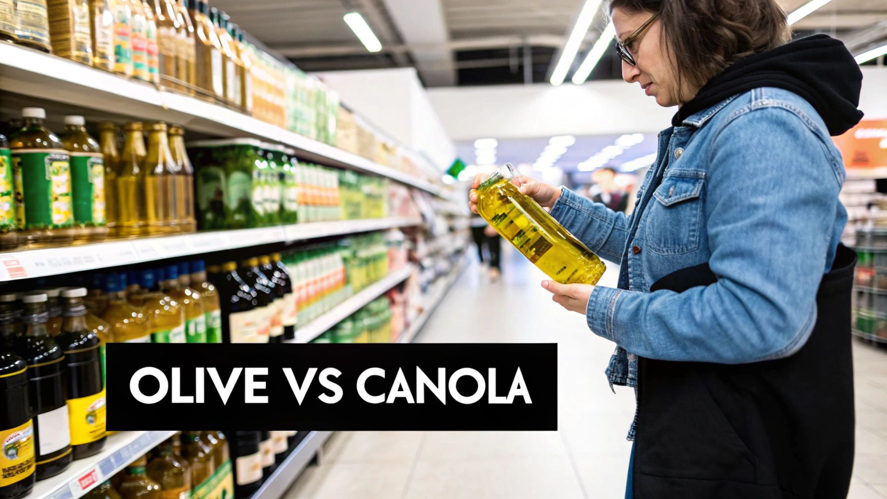 A woman in a supermarket aisle holds a bottle of cooking oil, with 'Olive vs Canola' text overlay.