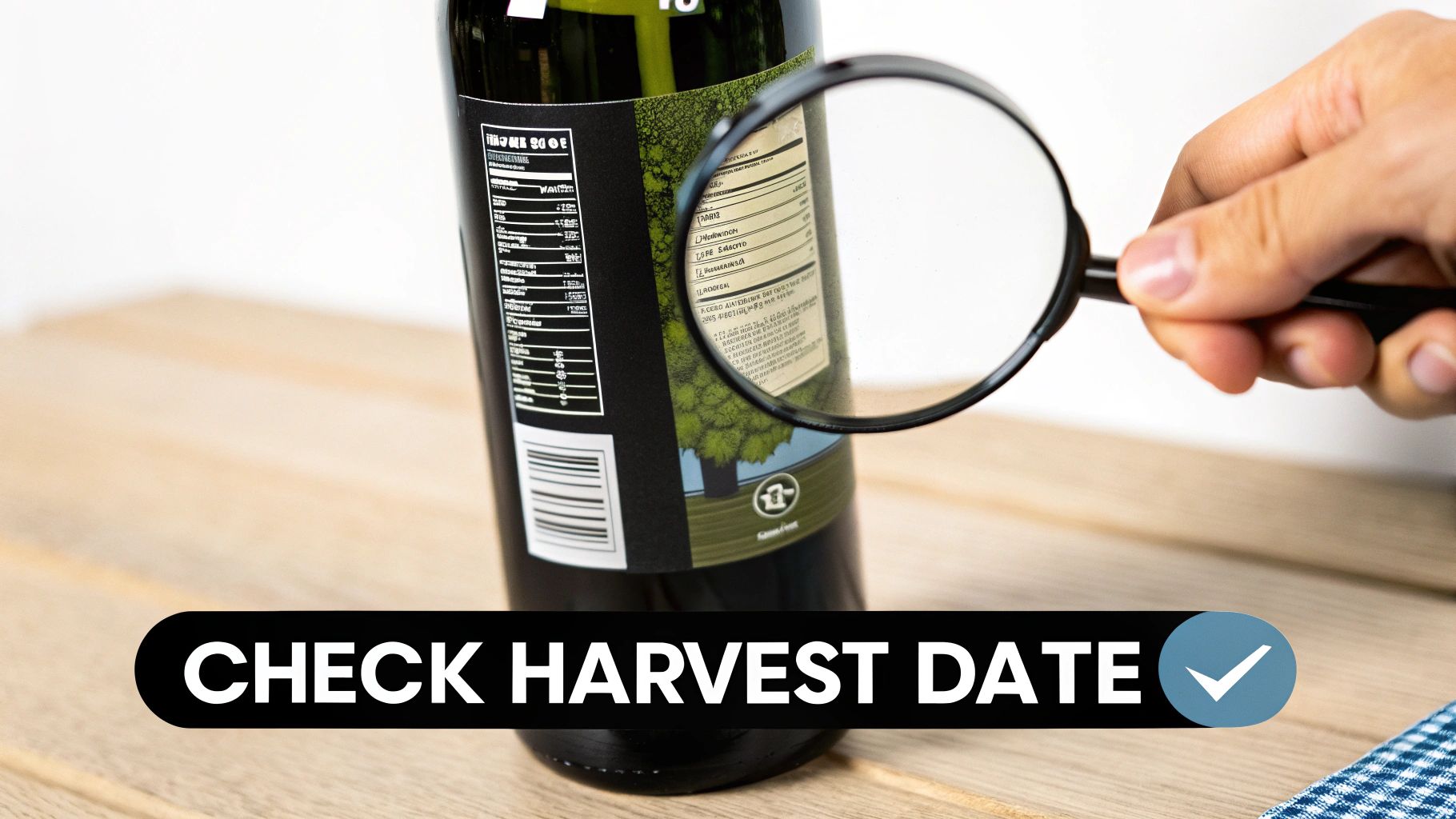 Hand using a magnifying glass to inspect the label of an olive oil bottle, checking harvest date.