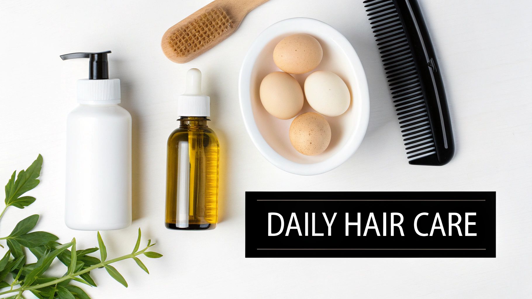 Flat lay of daily hair care essentials: shampoo, hair oil, wooden brush, comb, and eggs.