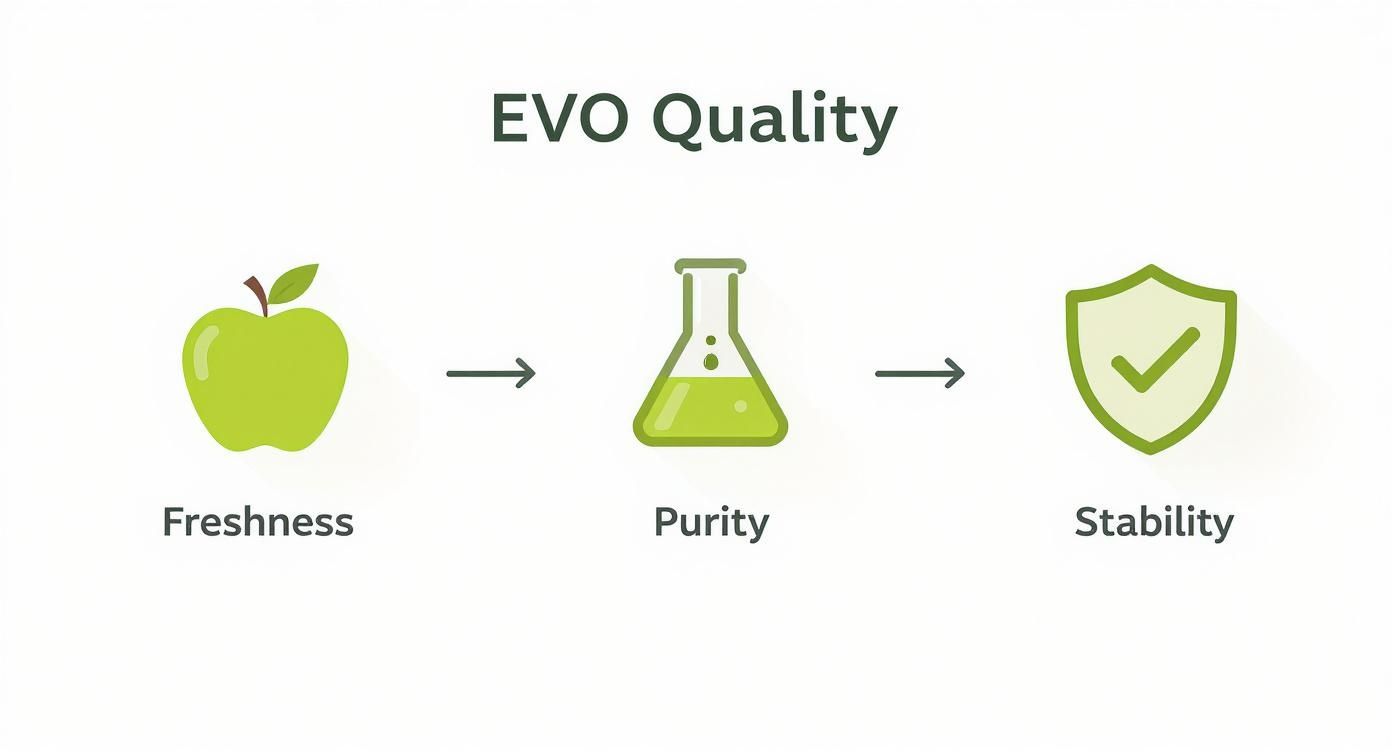Infographic illustrating EVO Quality stages: Freshness (apple), Purity (flask), and Stability (shield).