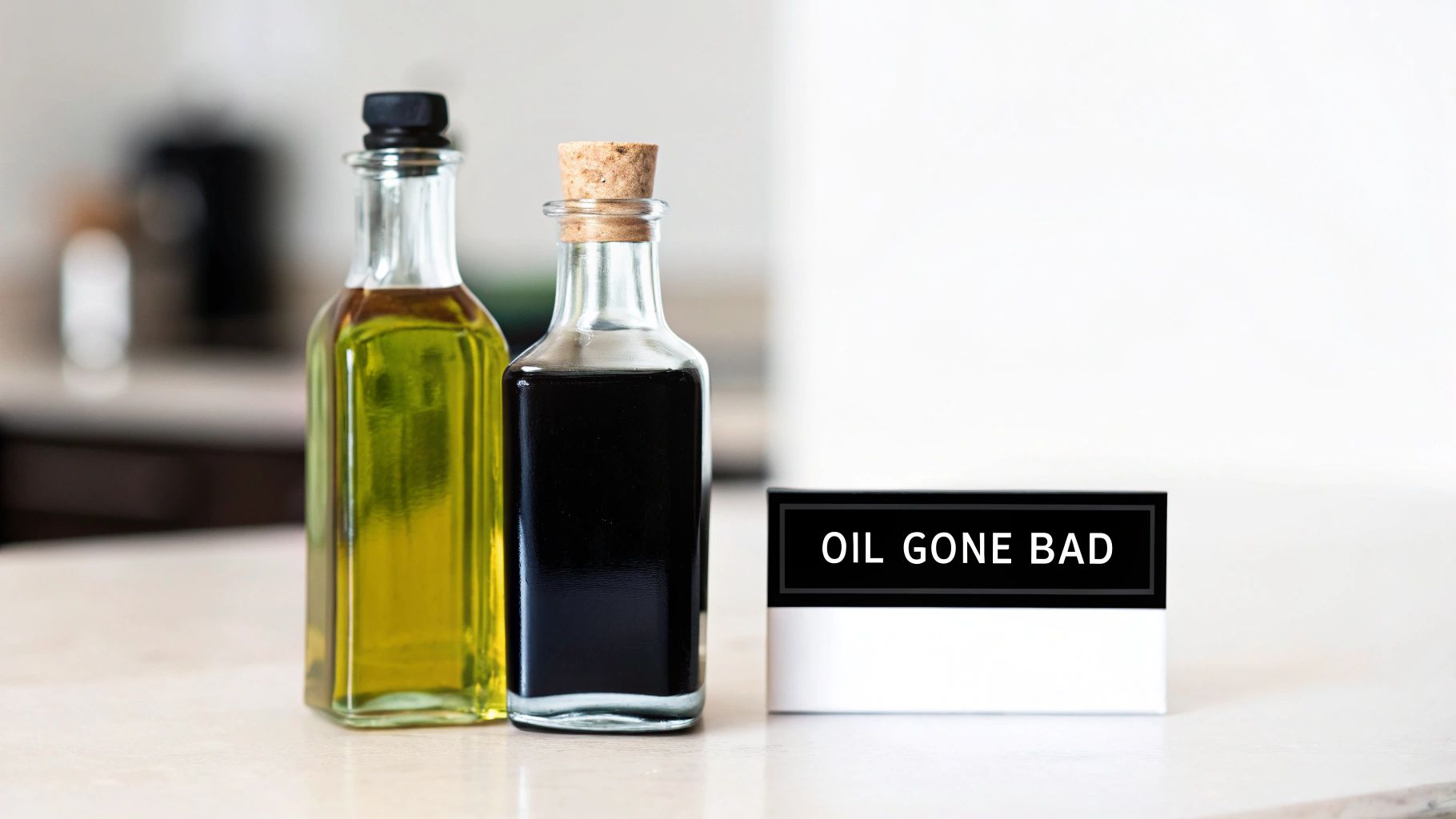 Two bottles of liquid, one yellow and one dark, beside a sign stating 'OIL GONE BAD'.