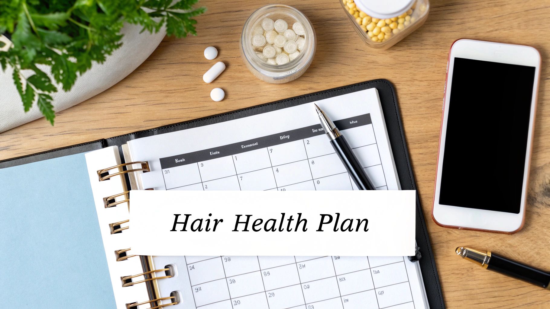 A 'Hair Health Plan' planner on a desk with supplements, a pen, and a smartphone.