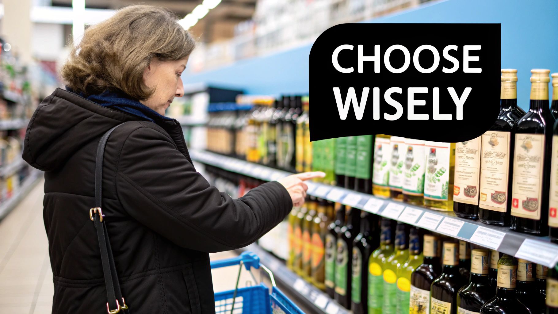 A person's hand holding a bottle of Italian olive oil, closely examining the label in a well-lit store.