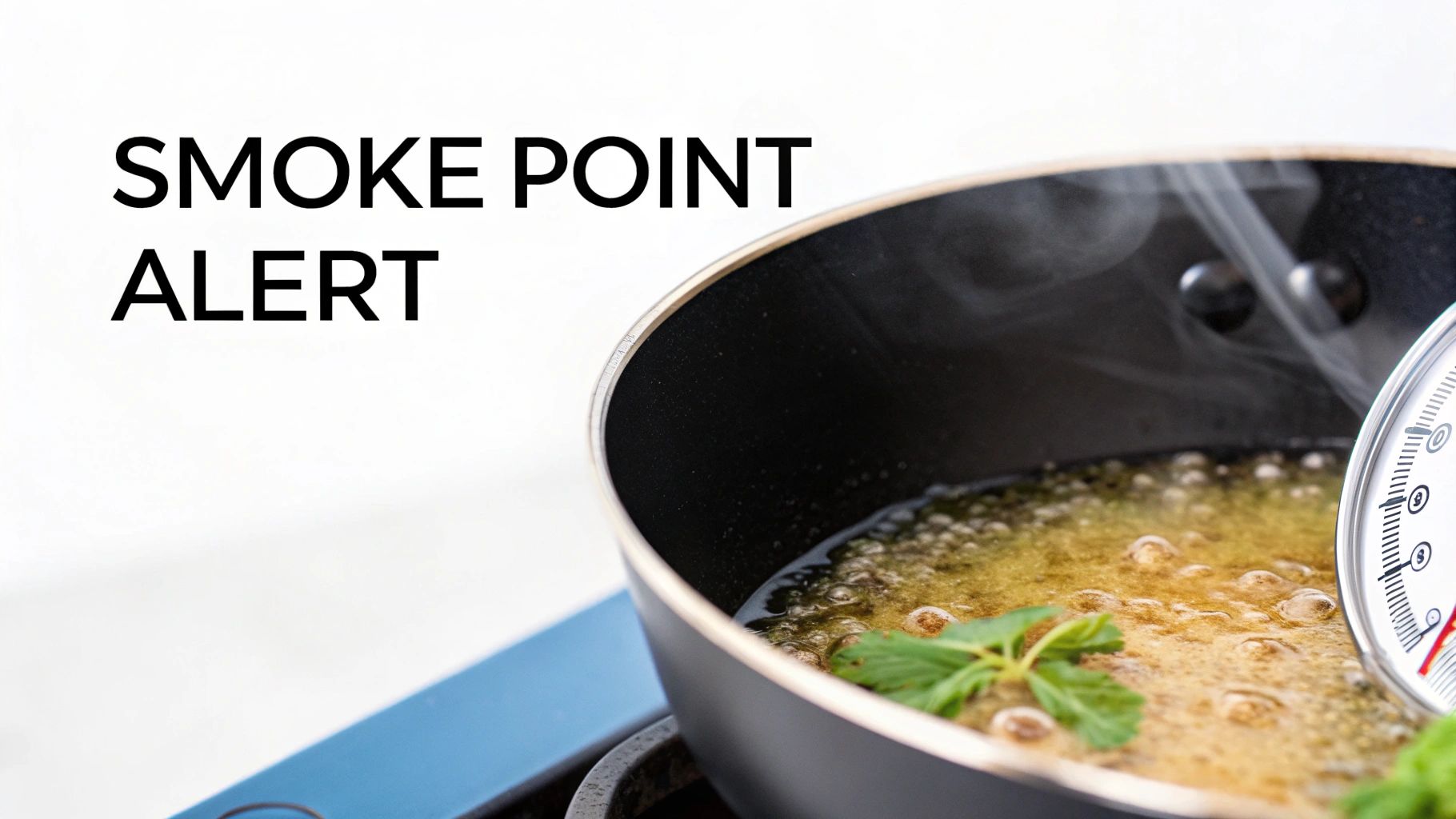 Hot, bubbling oil in a pot on a stove with a thermometer, showing a 'SMOKE POINT ALERT'.