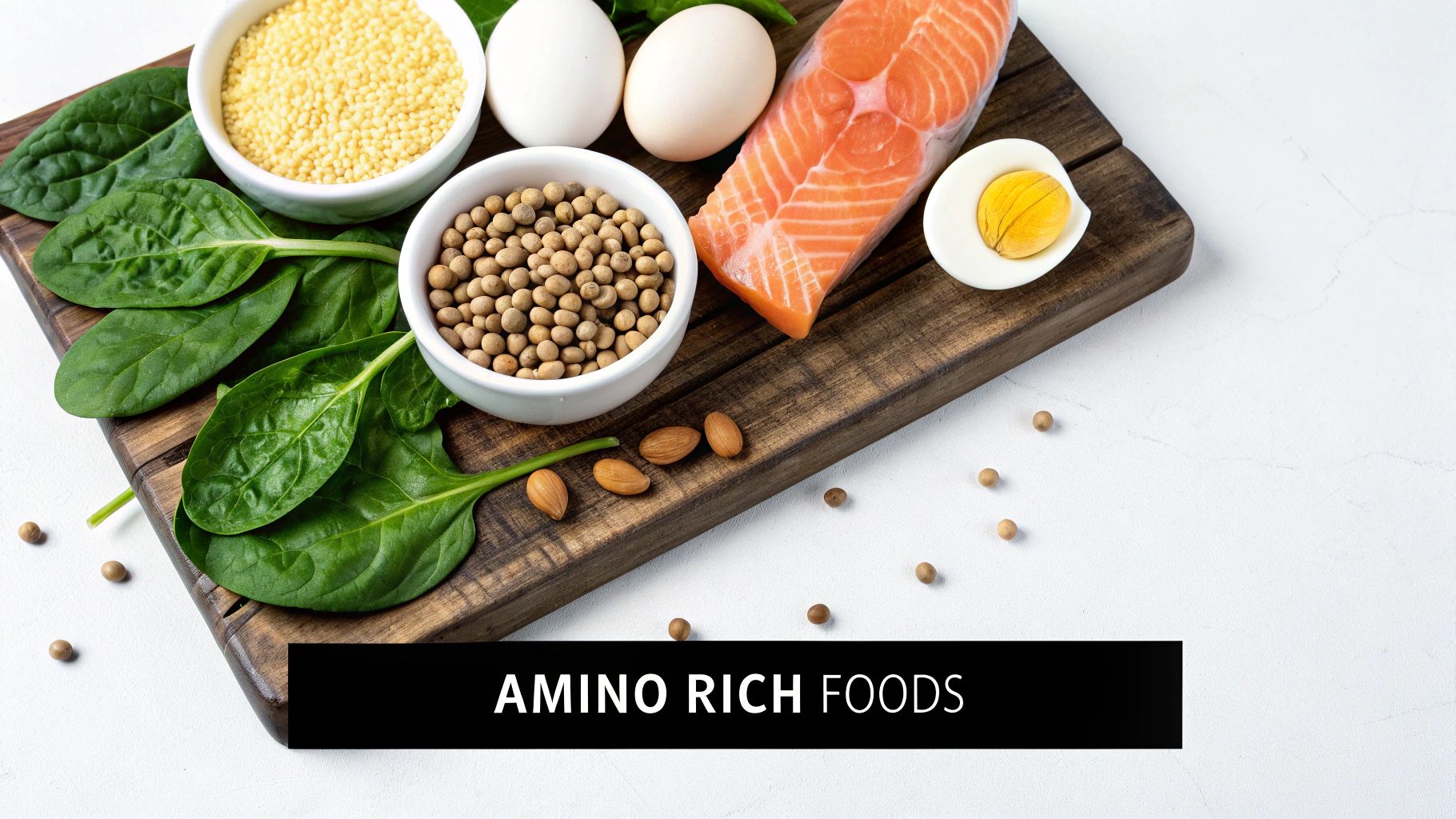 A variety of amino-rich foods, including salmon, eggs, spinach, soybeans, millet, and almonds, on a wooden board.