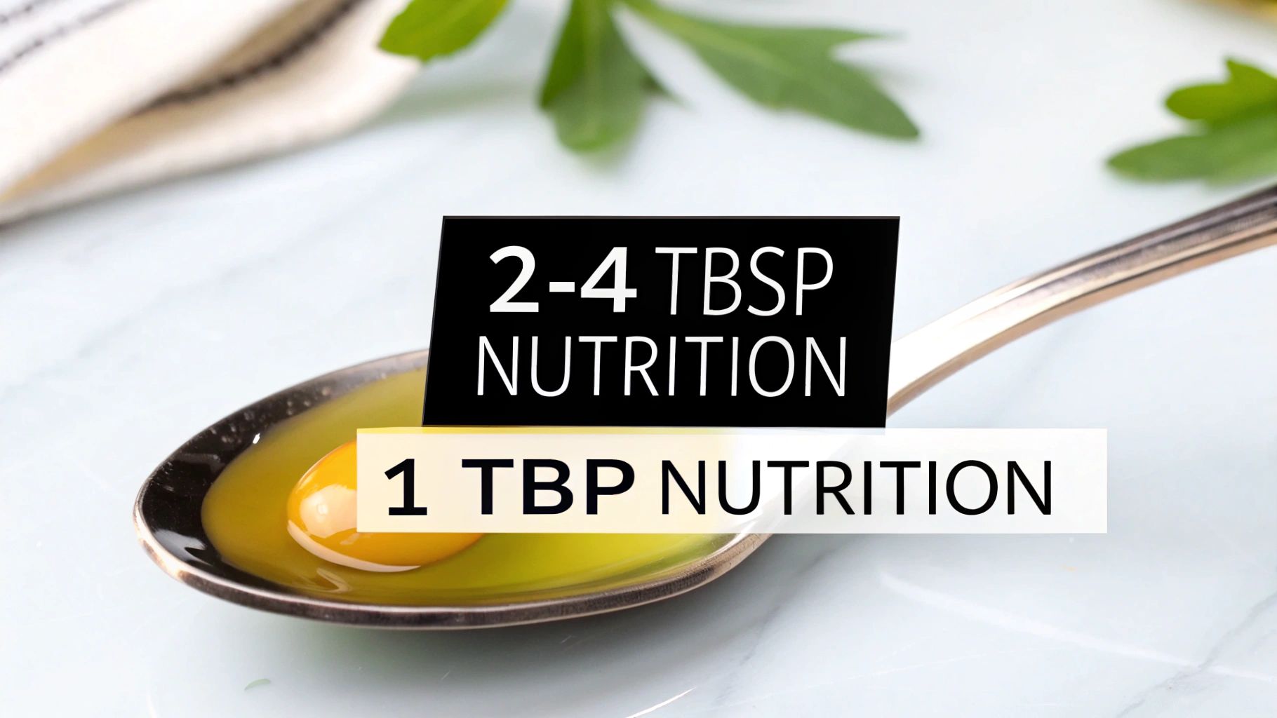 A spoonful of olive oil and an egg yolk, with text showing '1 TBSP NUTRITION' and '2-4 TBSP NUTRITION'.