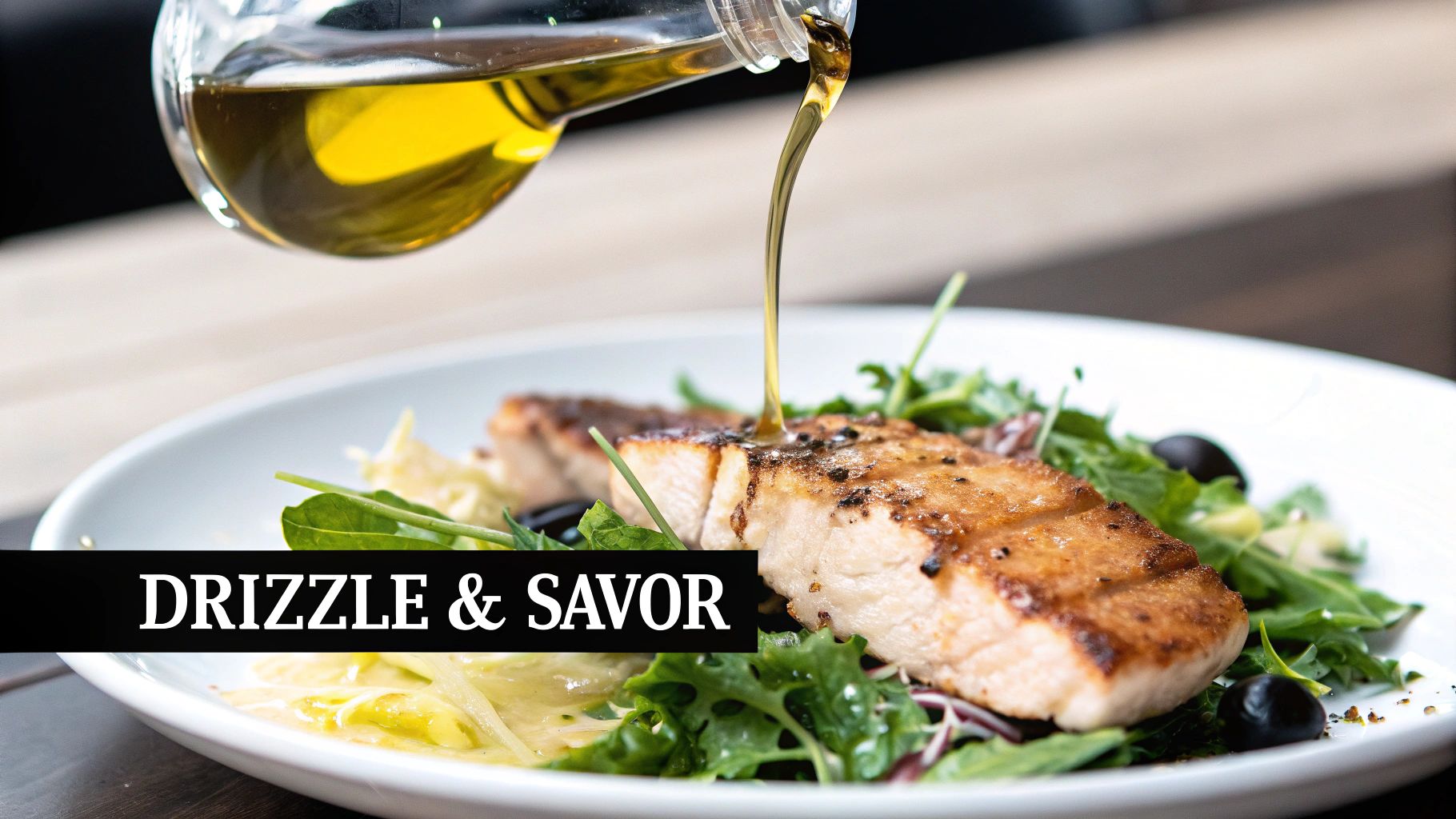 A person drizzling extra virgin cold pressed organic olive oil over a fresh, colorful salad.