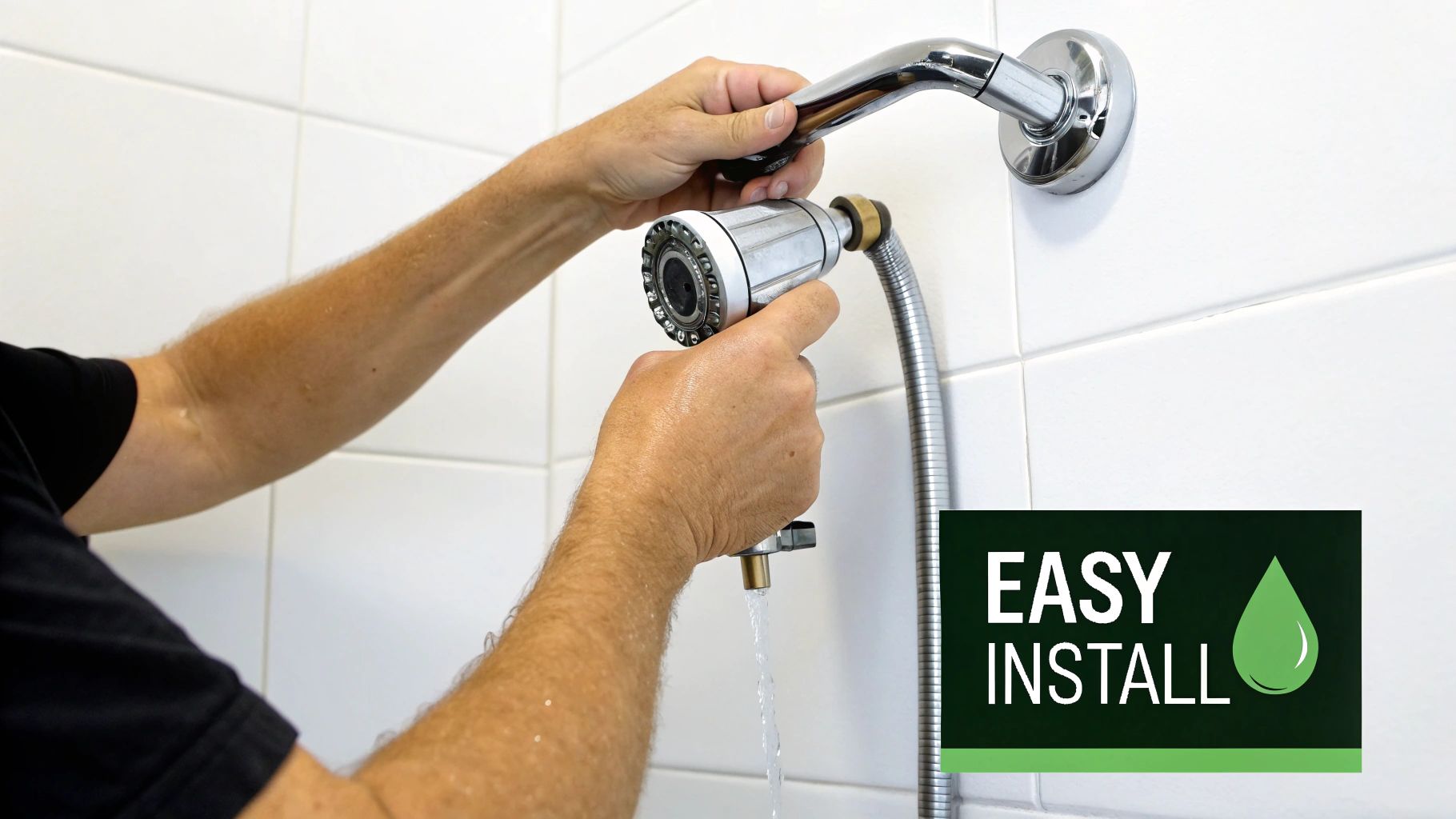 Close-up of hands installing a new shower filter with water running, highlighted by an 'Easy Install' graphic.