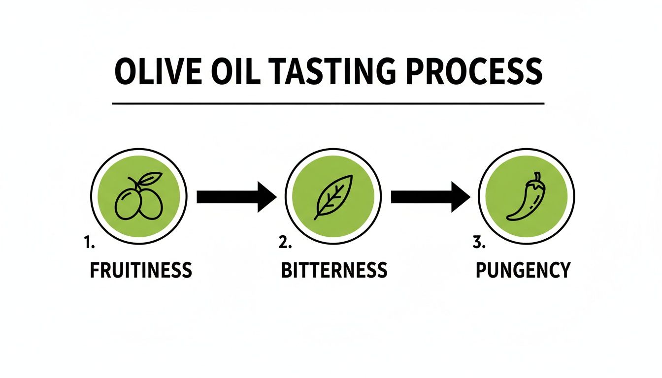 Infographic showing the olive oil tasting process, detailing fruitiness, bitterness, and pungency steps.