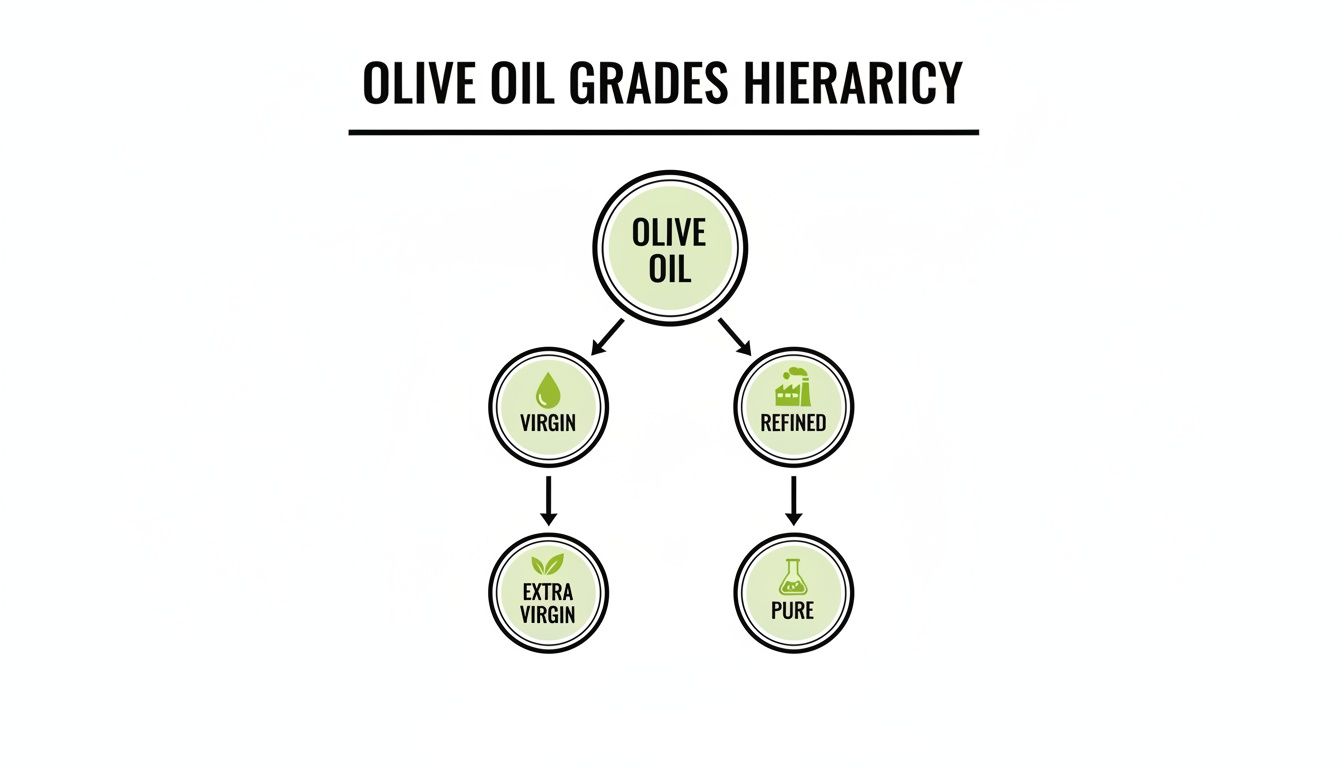 A hierarchical diagram illustrating the different grades of olive oil, from Olive Oil to Extra Virgin and Pure.