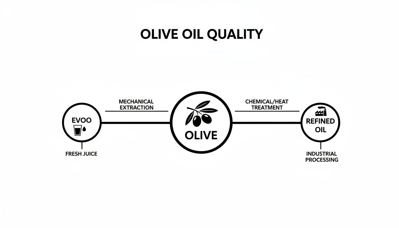 Infographic detailing olive oil quality, showing EVOO via mechanical extraction and refined oil through chemical processing.