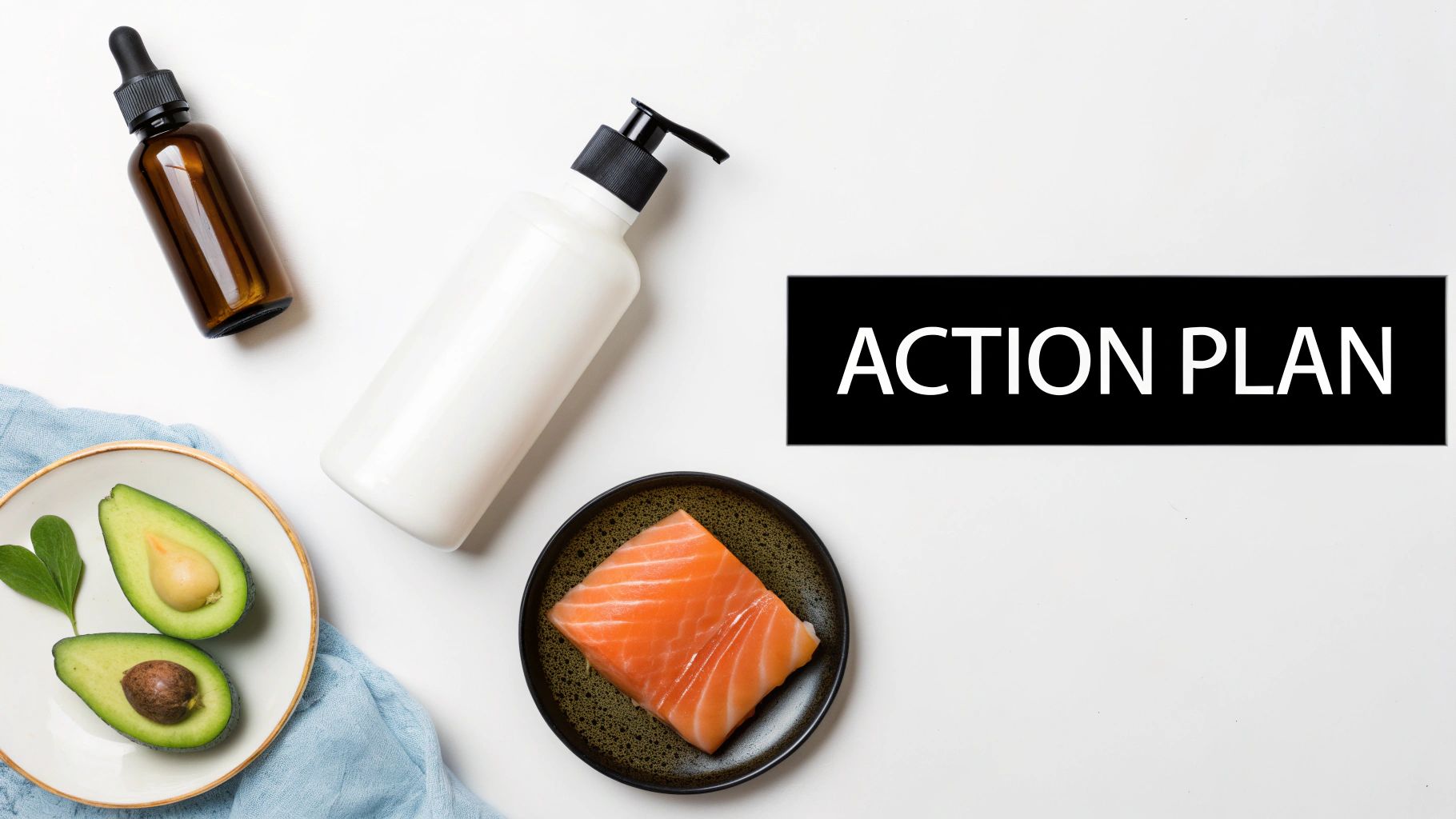 Action plan for hair health featuring omega-rich salmon, avocado, and natural hair care products