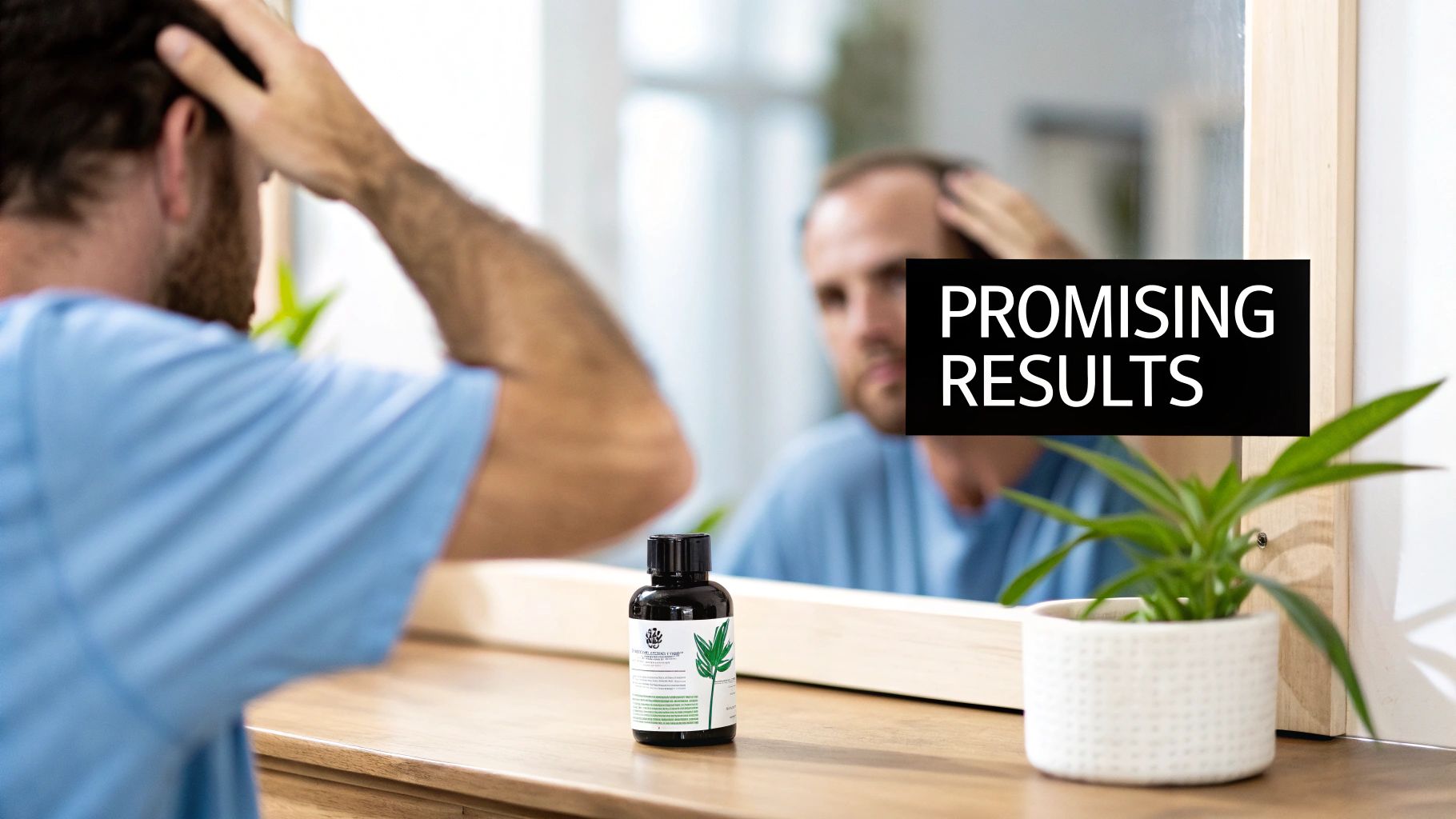 Man examining his thinning hair in the mirror