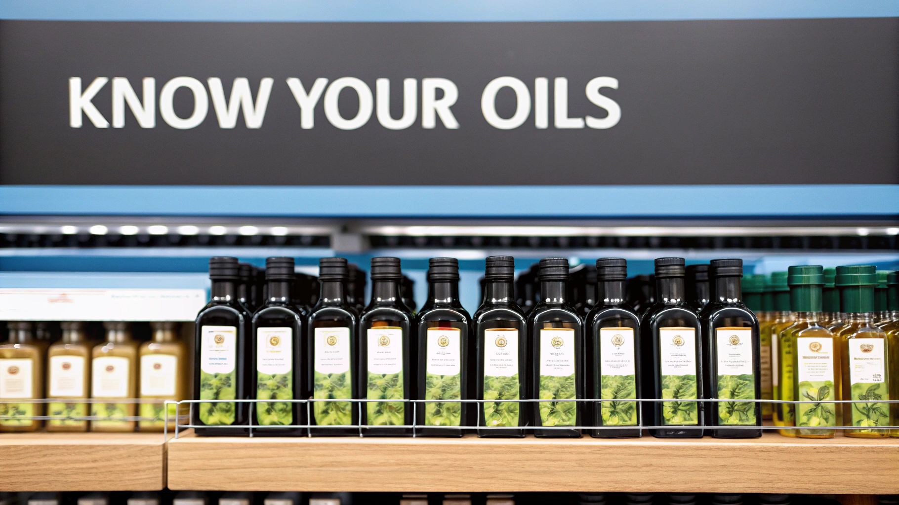 A bottle of olive oil is being poured into a spoon, with olive branches and olives in the background.