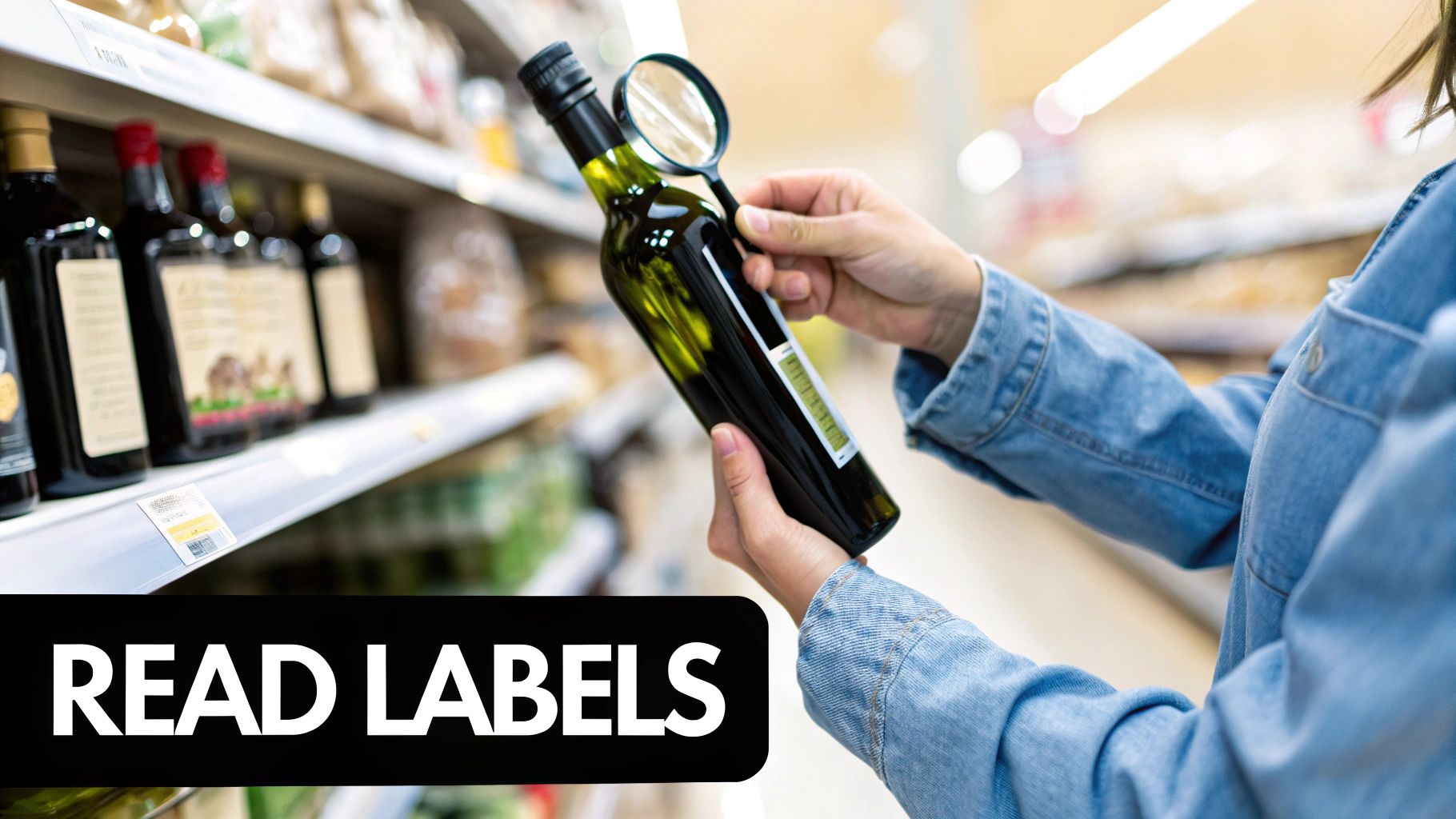 A person in a supermarket uses a magnifying glass to carefully read the label on a dark bottle.