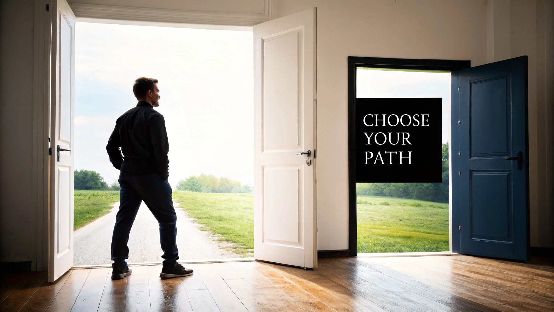Man facing open doors and a path into nature, contemplating choices, with a 'Choose Your Path' sign.