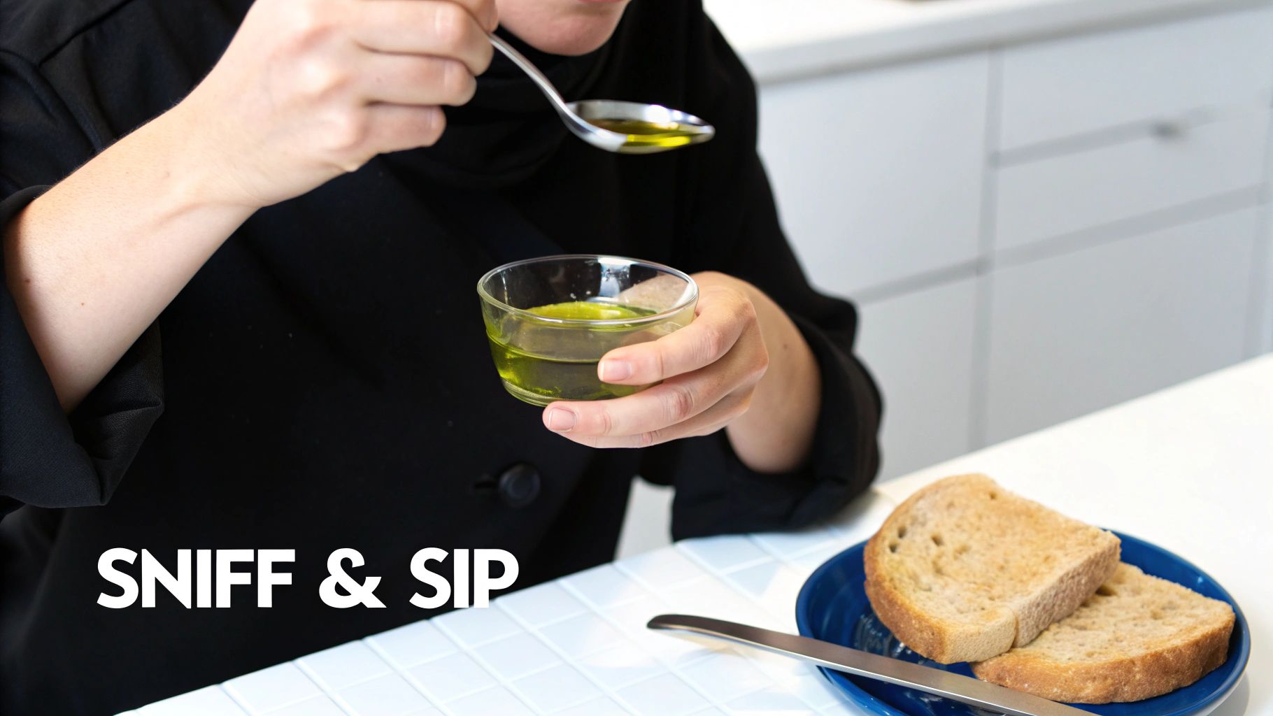 A person in black tastes olive oil from a spoon and holds a bowl, with bread on a plate.