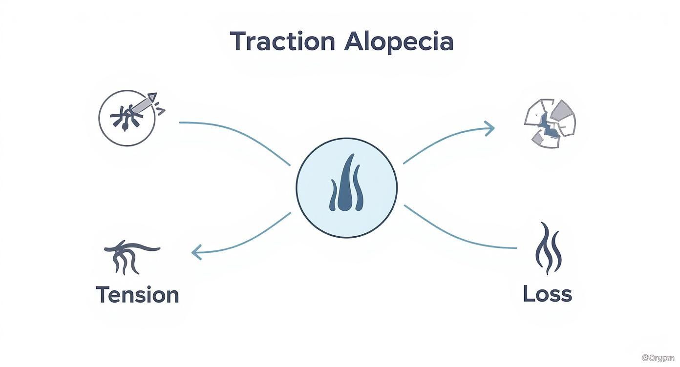 A diagram illustrating the causes and effects of Traction Alopecia, showing tension, damage, and hair loss.