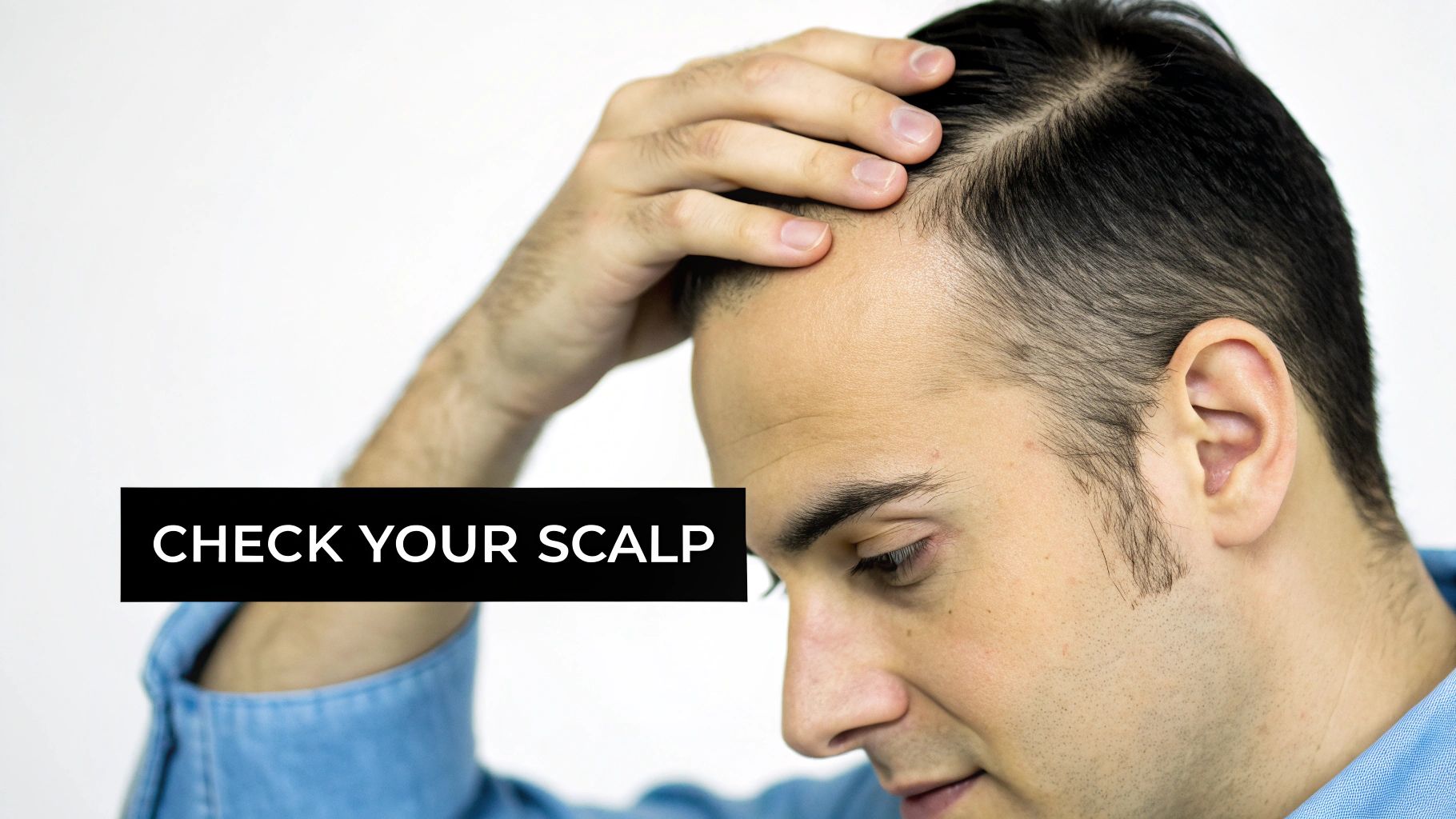 A man carefully examining his scalp and hairline with his hand, next to a 'CHECK YOUR SCALP' banner.