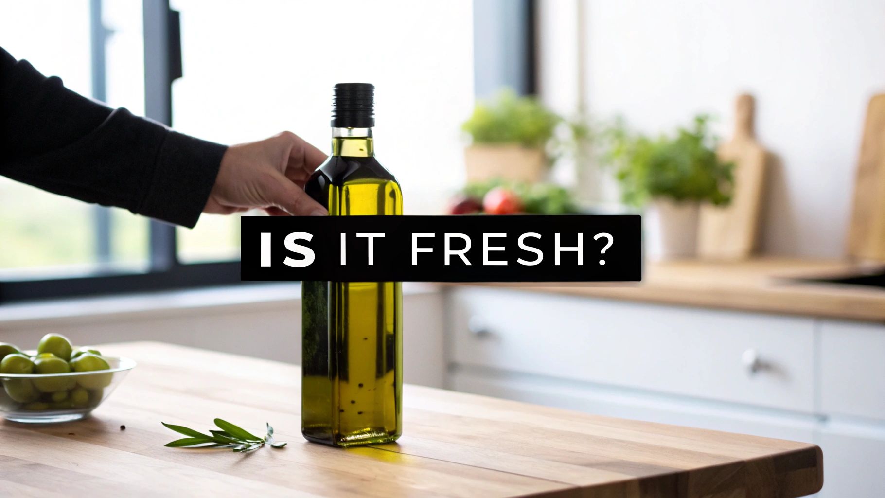 A hand holds a bottle of olive oil on a wooden kitchen counter with green olives and herbs, asking 'Is it fresh?'.