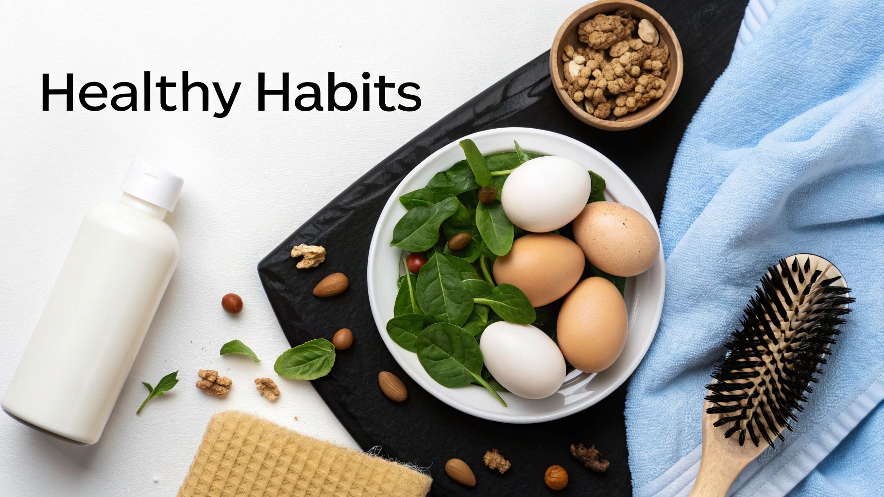 Healthy habits flat lay: fresh spinach, eggs, nuts, granola, hairbrush, and lotion bottle.