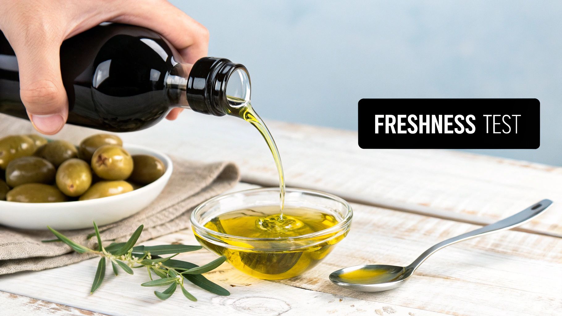 Olive oil bottles on a store shelf being inspected by a shopper.