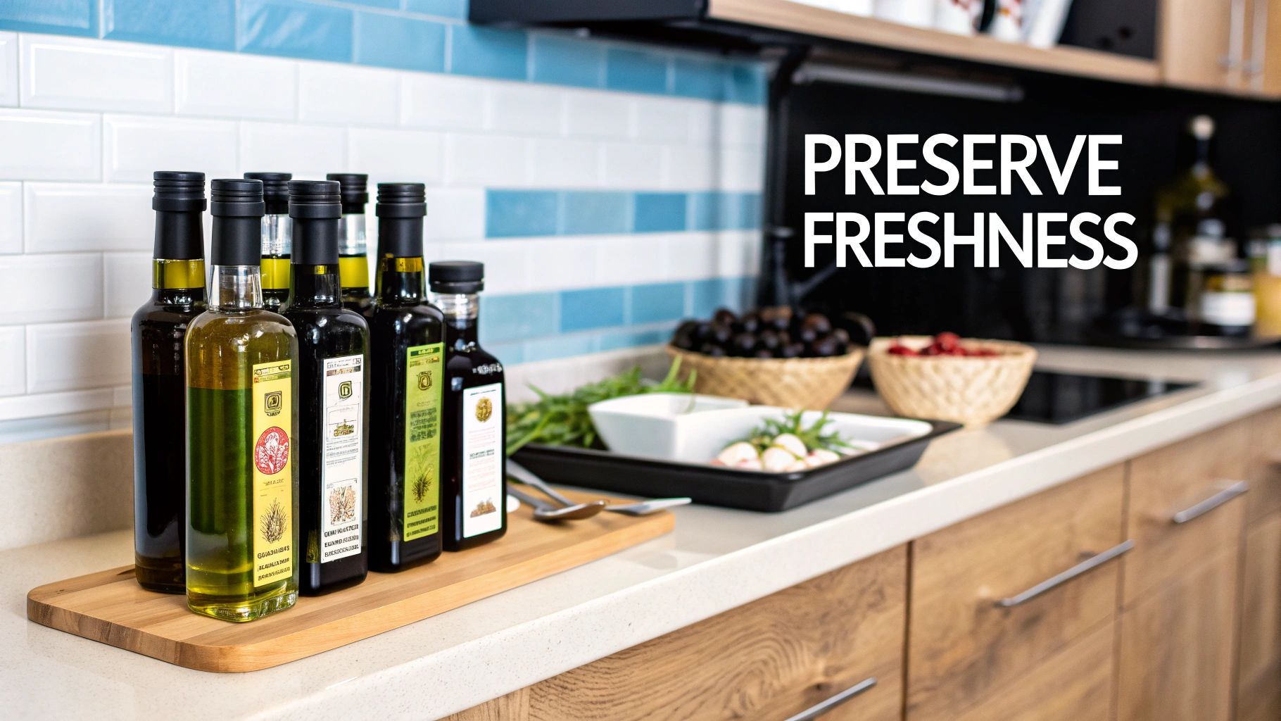 Bottles of olive oil on a kitchen counter, suggesting common but incorrect storage methods.