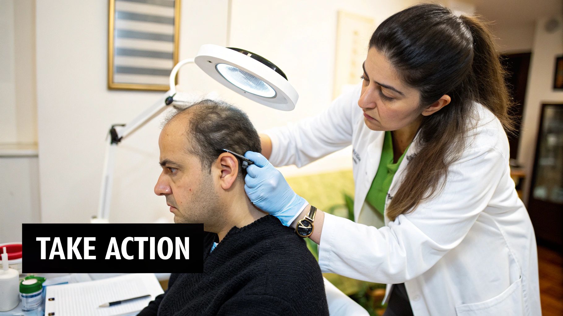 A man is applying a treatment product to his scalp, focusing on the crown area.