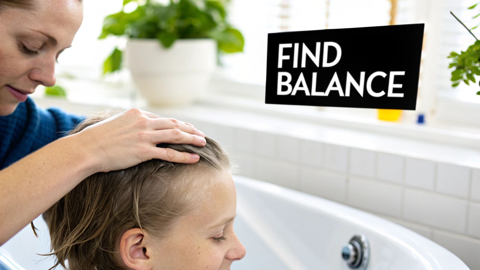 Woman gently washing child's thinning hair over sink promoting gentle hair care balance
