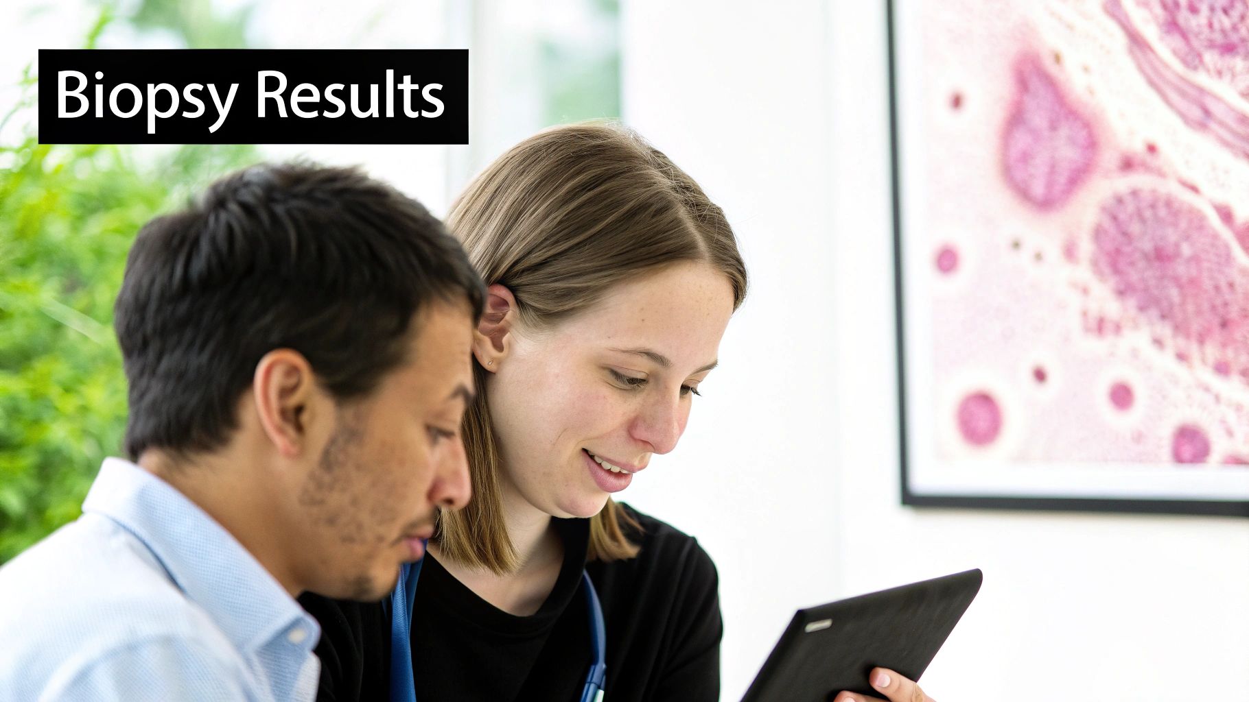 A medical professional discusses biopsy results with a patient using a digital tablet.