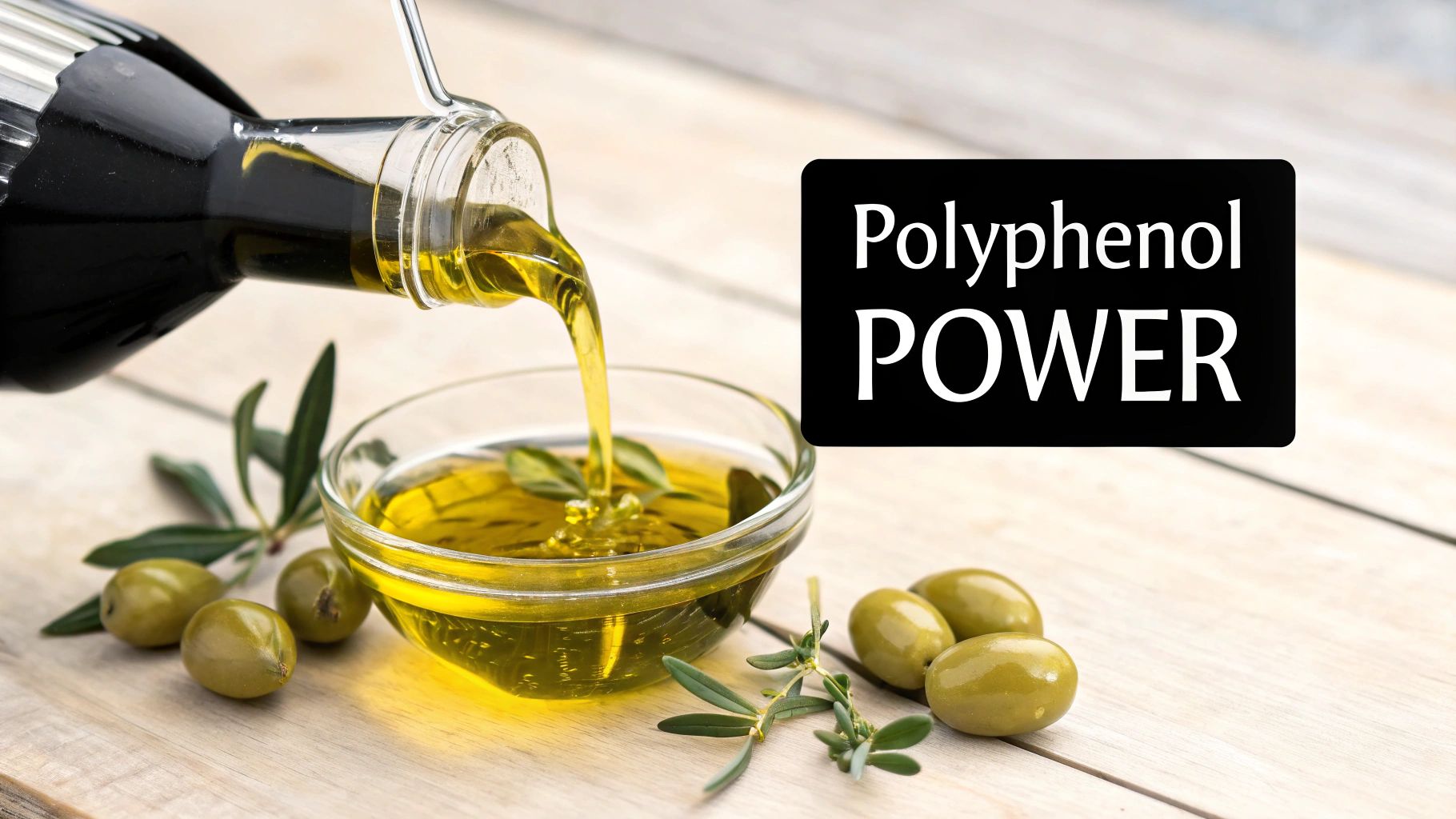 Olive oil pouring into a glass bowl on a wooden table with fresh olives, displaying 'Polyphenol POWER'.