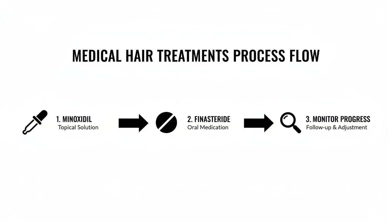 A diagram illustrating the medical hair treatment process flow, featuring Minoxidil, Finasteride, and progress monitoring steps.
