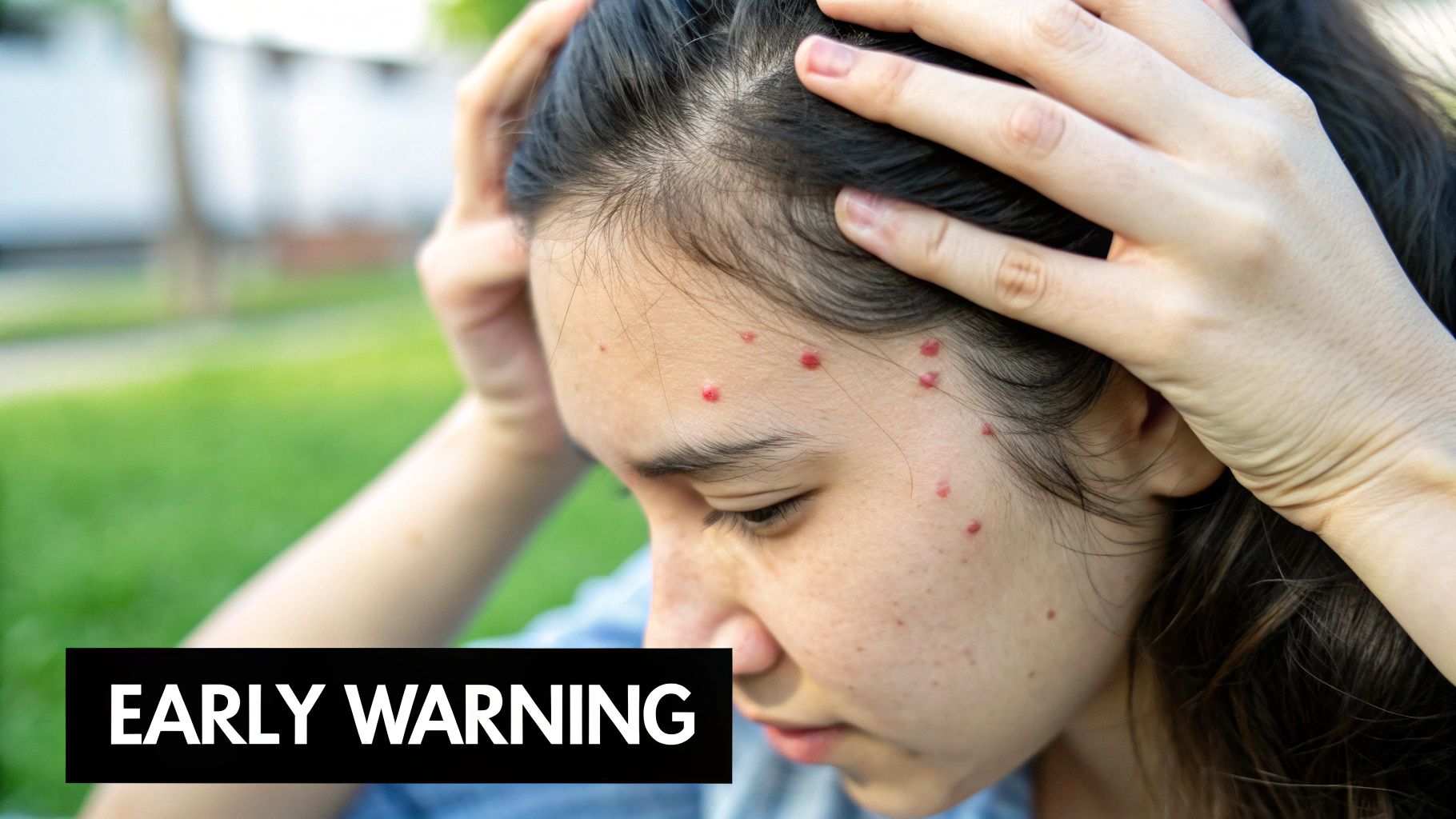 A person's scalp with visible redness and hair thinning, illustrating the early symptoms of scarring alopecia.